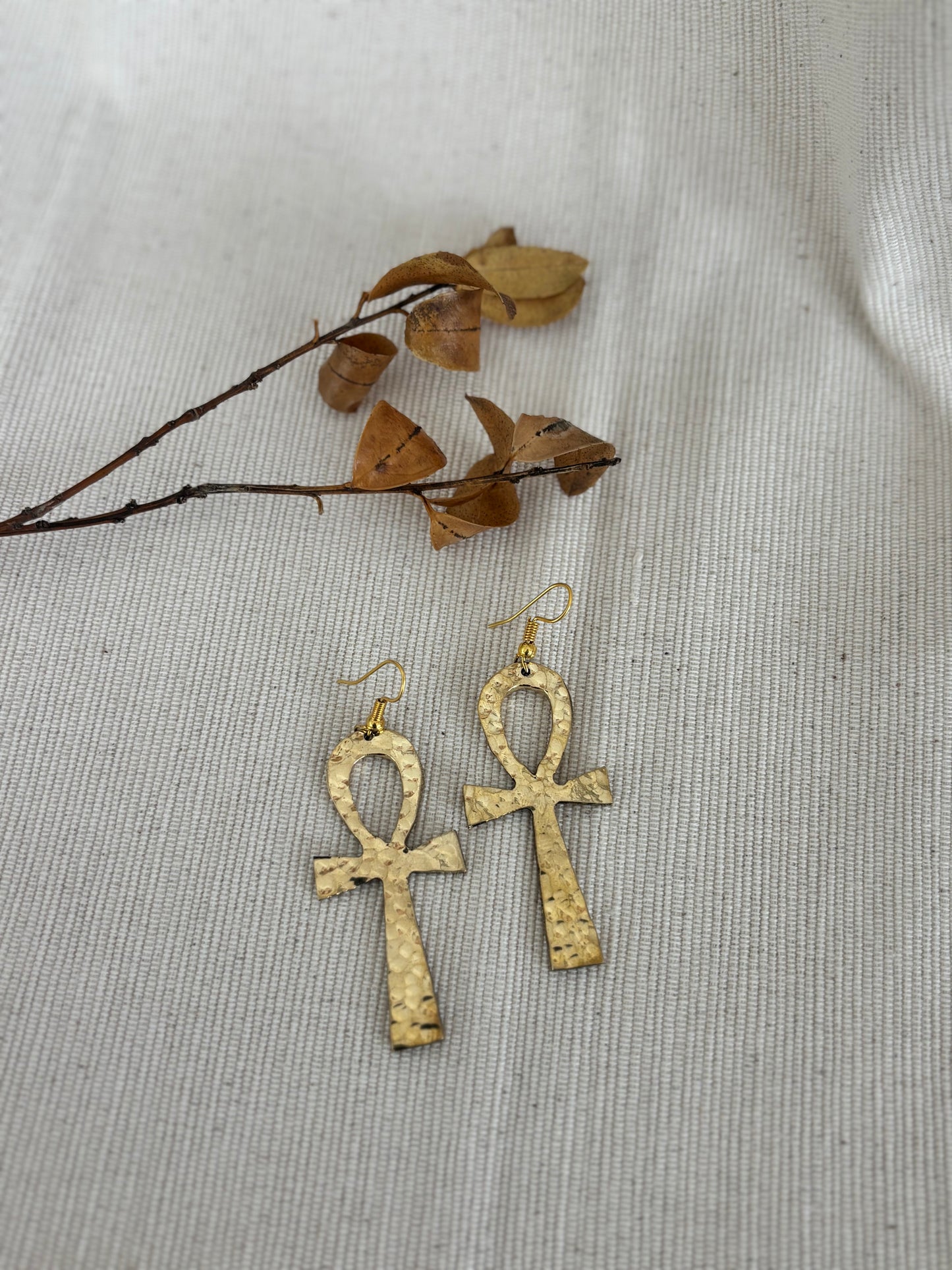 Hammered Ankh Brass Earrings