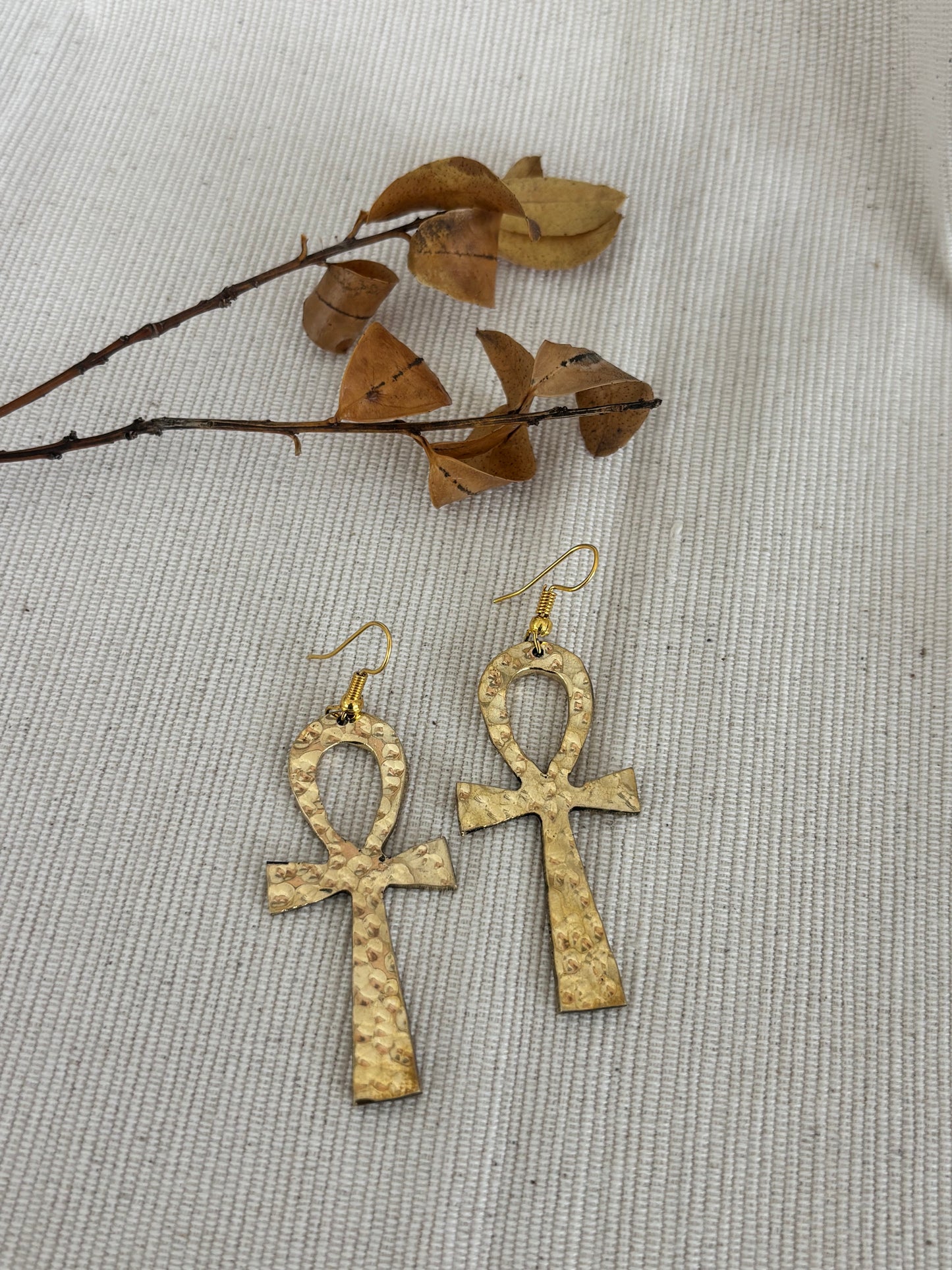 Hammered Ankh Brass Earrings
