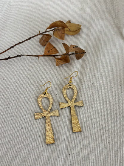 Hammered Ankh Brass Earrings