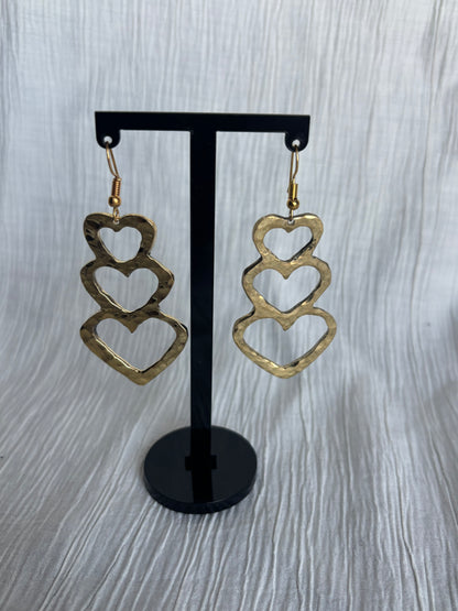 Triple Heart Brass Earrings