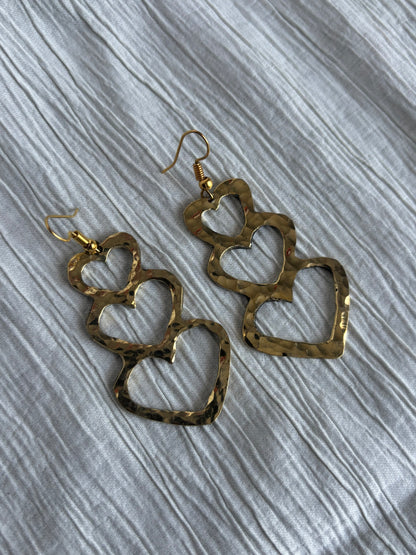 Triple Heart Brass Earrings