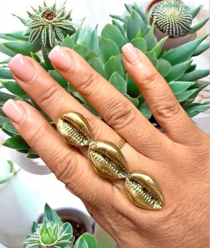 Trinity Cowrie Ring- Bold Brass