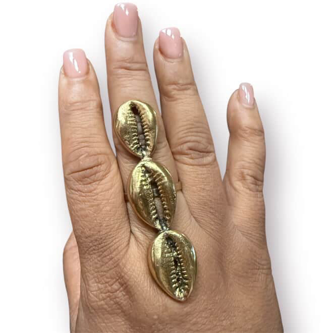 Trinity Cowrie Ring- Bold Brass