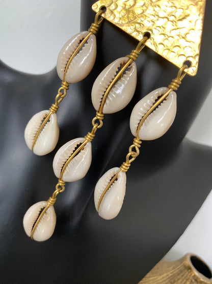 Brass and Cowrie Drape Earrings