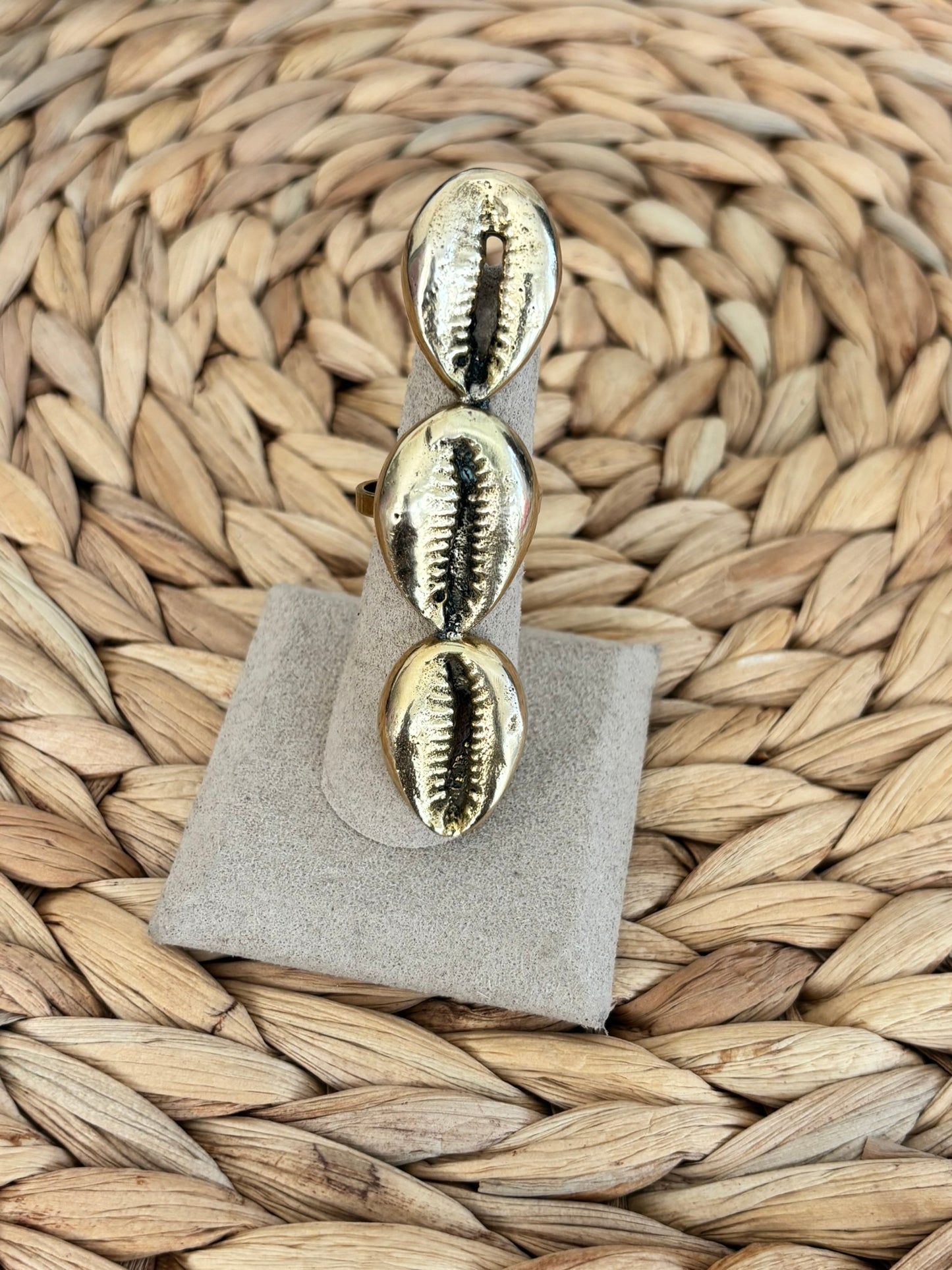 Trinity Cowrie Ring- Bold Brass