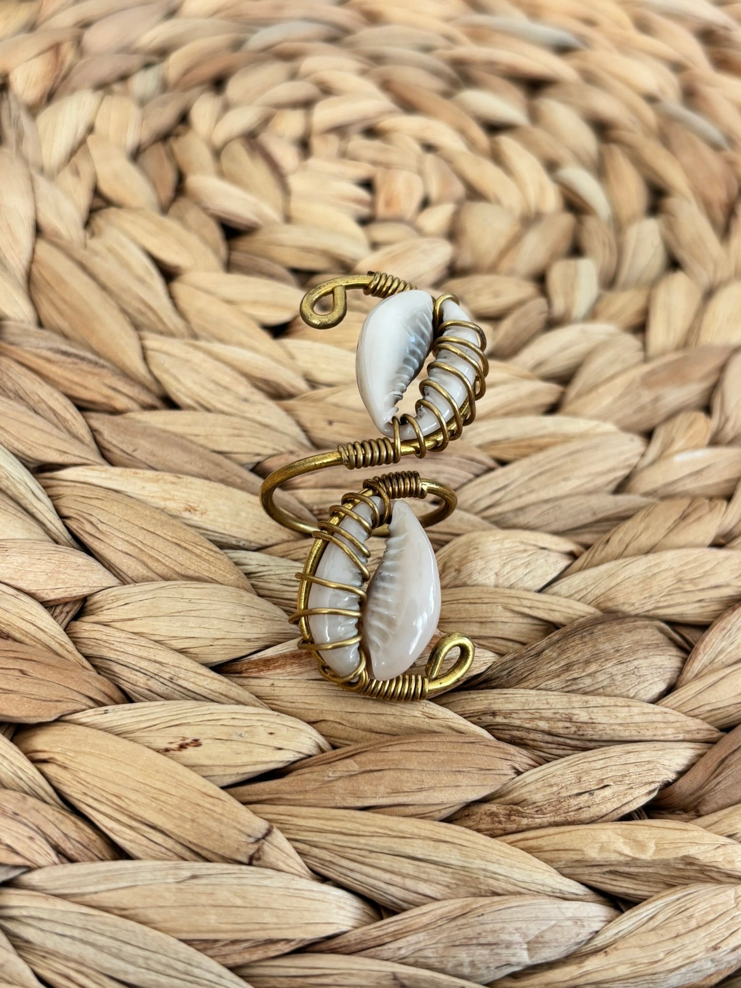 Double Cowrie Wrapped with Brass Ring