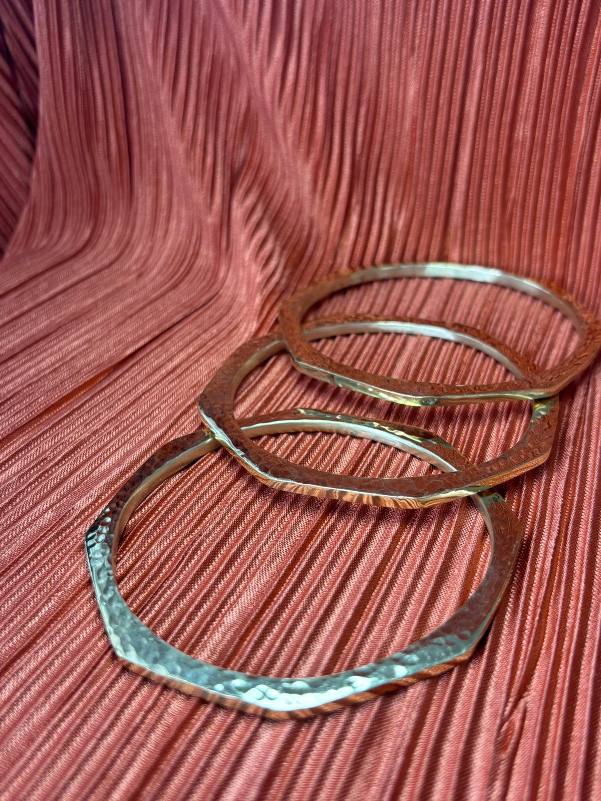 Hexagon-Shaped Hammered Brass Bracelet