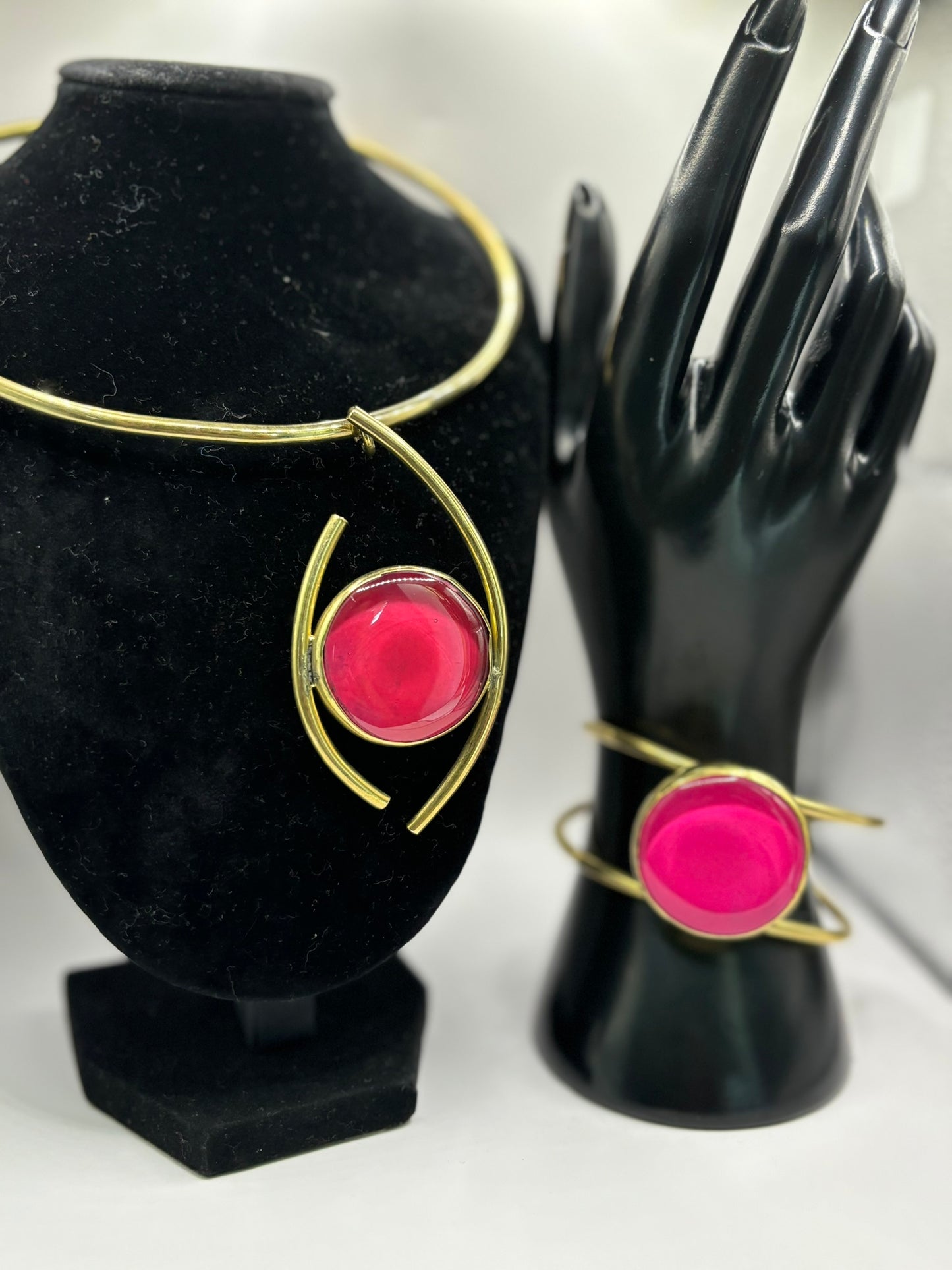 Pink Handmade Brass Choker Necklace & Bracelet Set