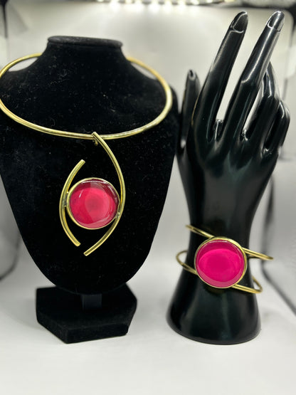 Pink Handmade Brass Choker Necklace & Bracelet Set