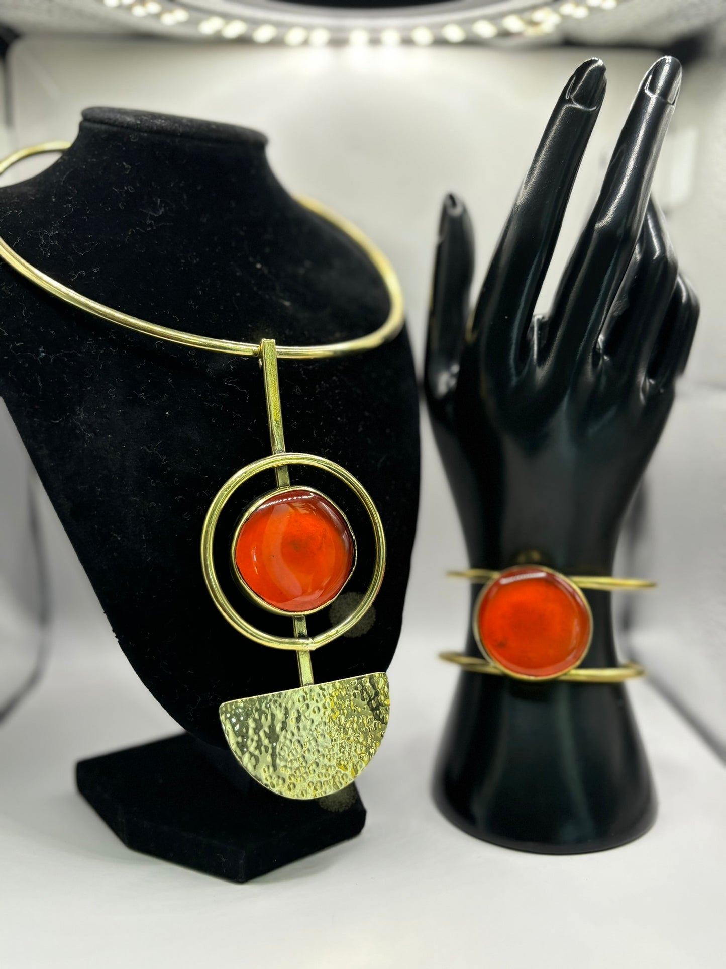 Orange Handmade Brass Choker Necklace & Bracelet Set