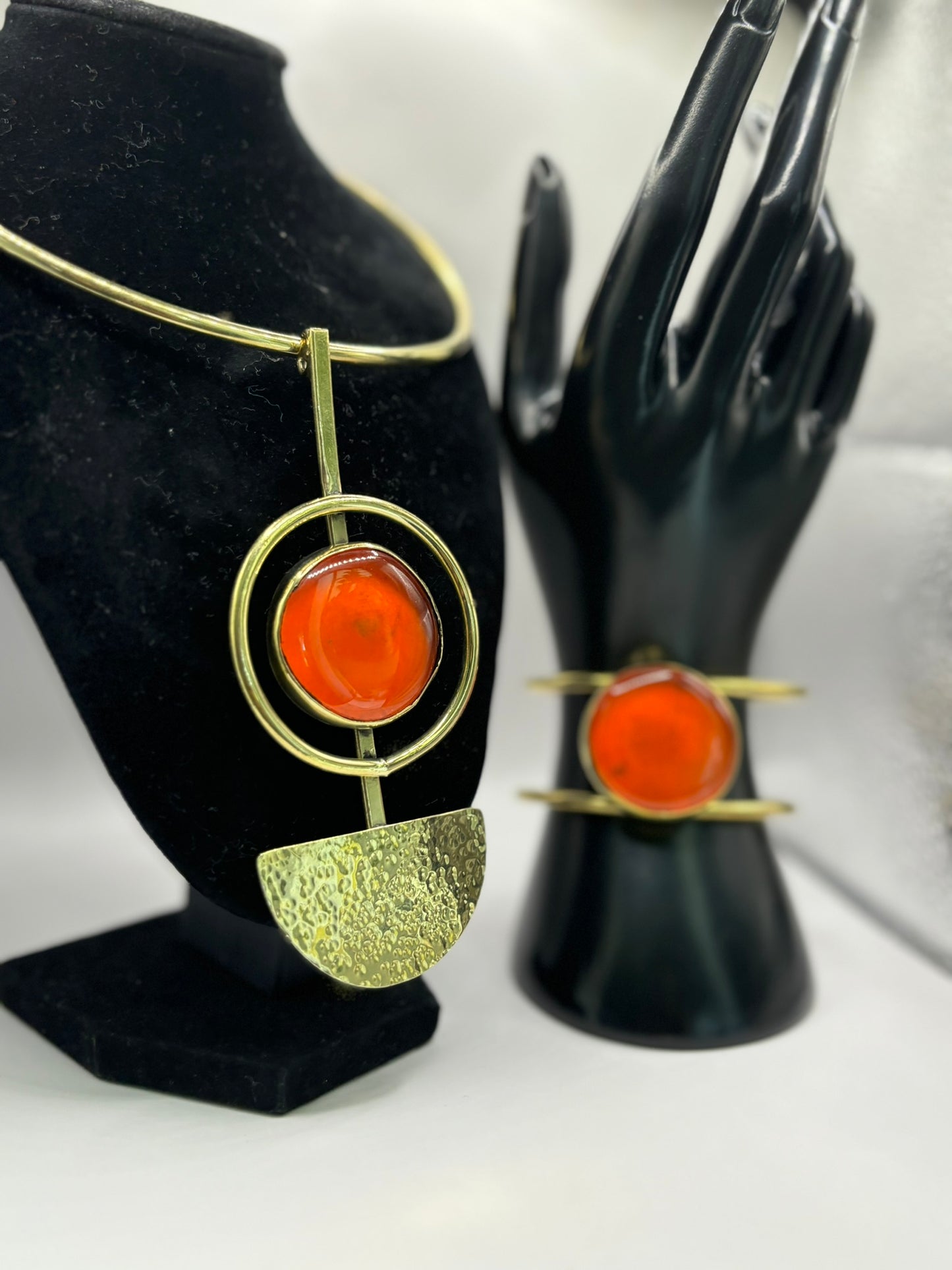 Orange Handmade Brass Choker Necklace & Bracelet Set