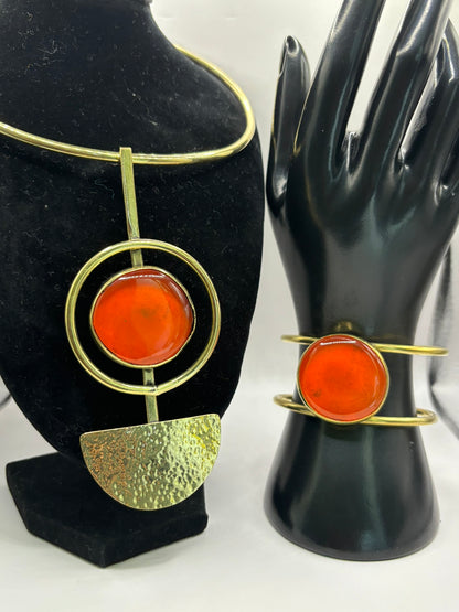 Orange Handmade Brass Choker Necklace & Bracelet Set