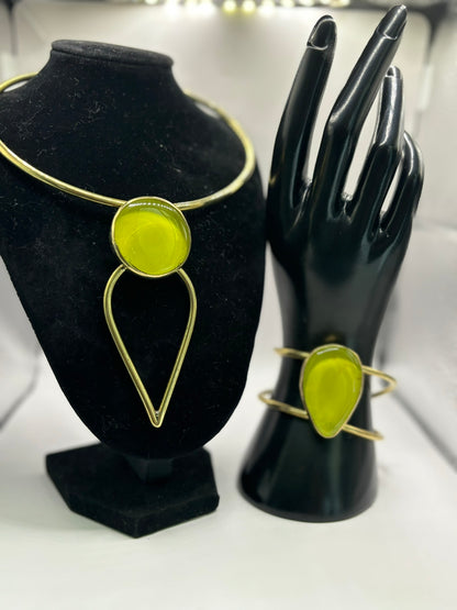 Neon Green Handmade Brass Choker Necklace & Bracelet Set