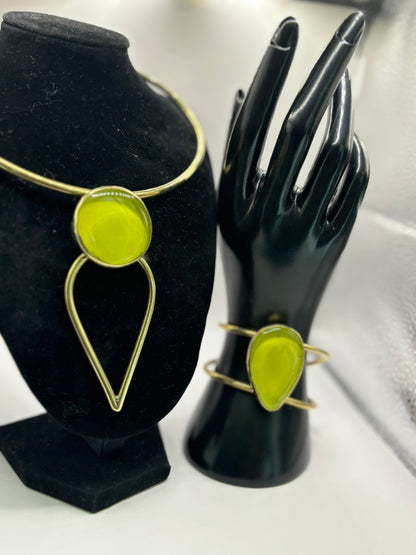 Neon Green Handmade Brass Choker Necklace & Bracelet Set