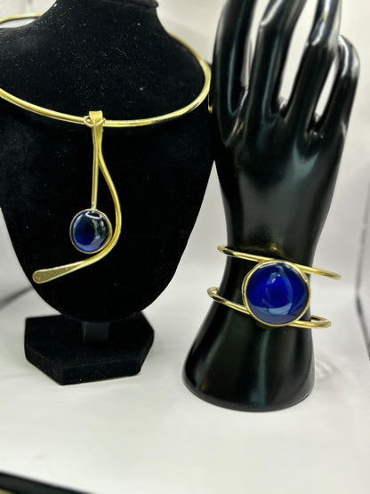 Blue Handmade Brass Choker Necklace & Bracelet Set